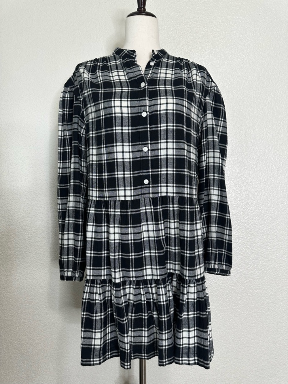 NWT GAP Black White Plaid Flannel Pattern Tiered Shirt Dress, Sz Small